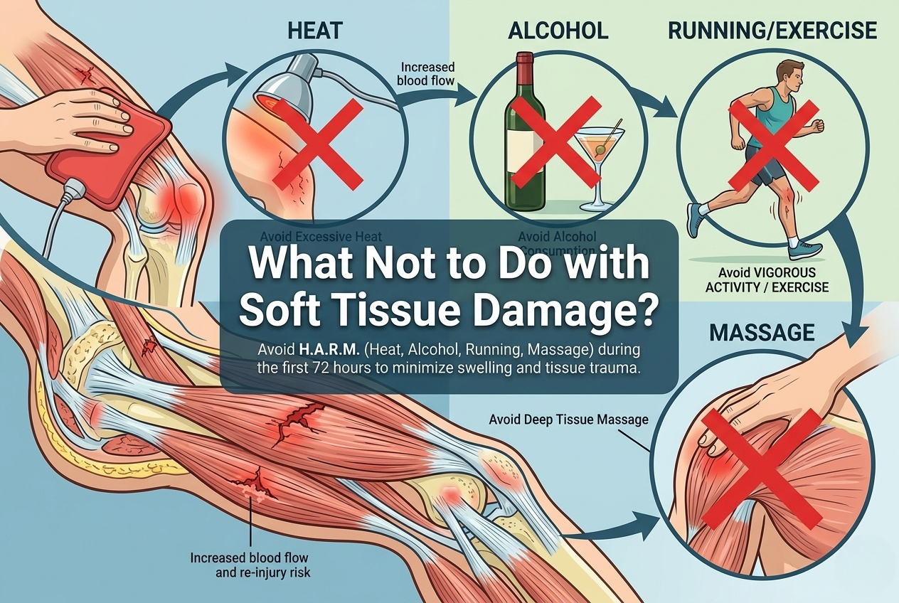 Chart detailing what not to do with soft tissue damage, illustrating why to avoid heat, alcohol, exercise, and massage.